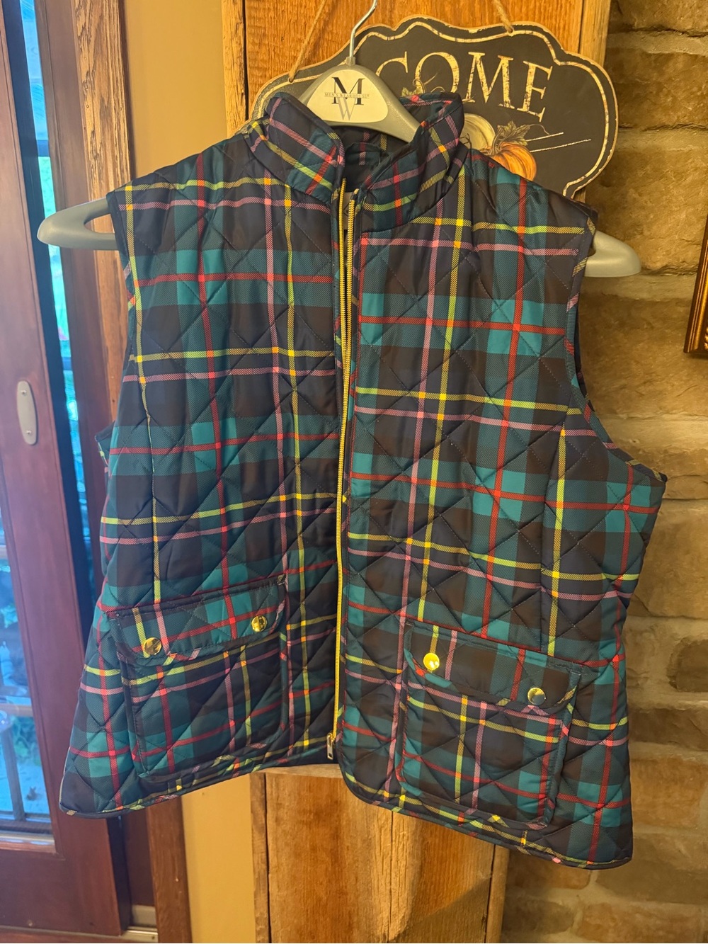 St. John's Bay Quilted Plaid Vest - Navy, Green, Red